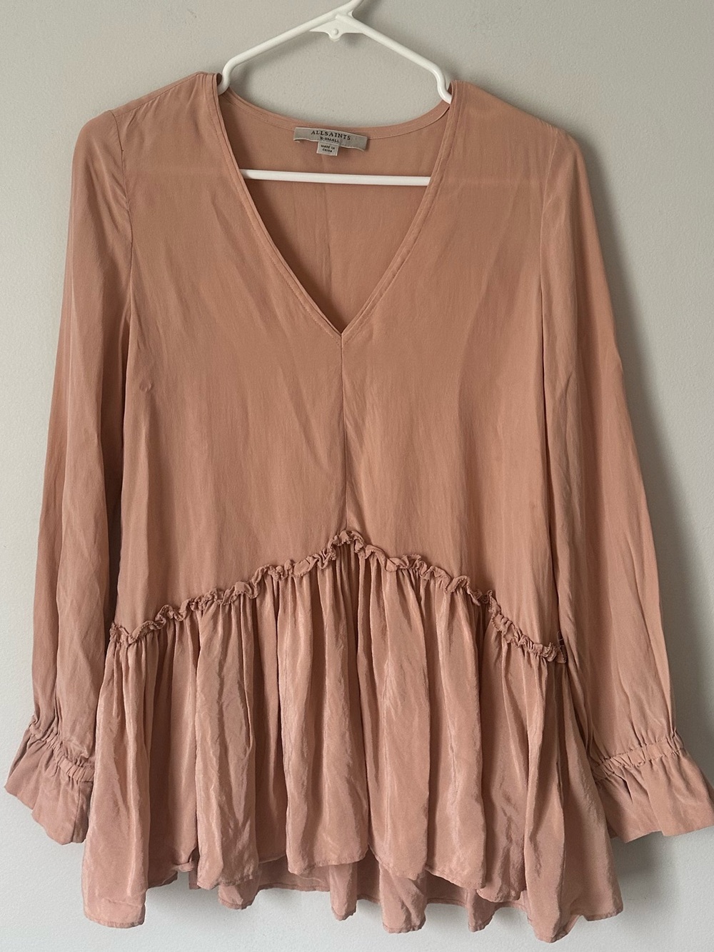 All Saints Blush Pink 100% Silk  V-Neck Ruffle Peplum Top